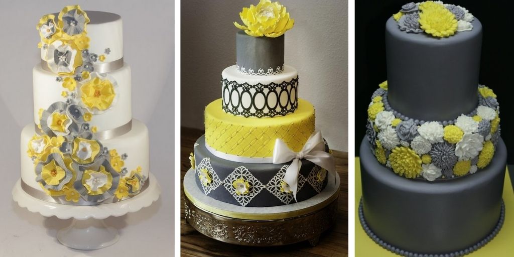 yellow and gray wedding cake
