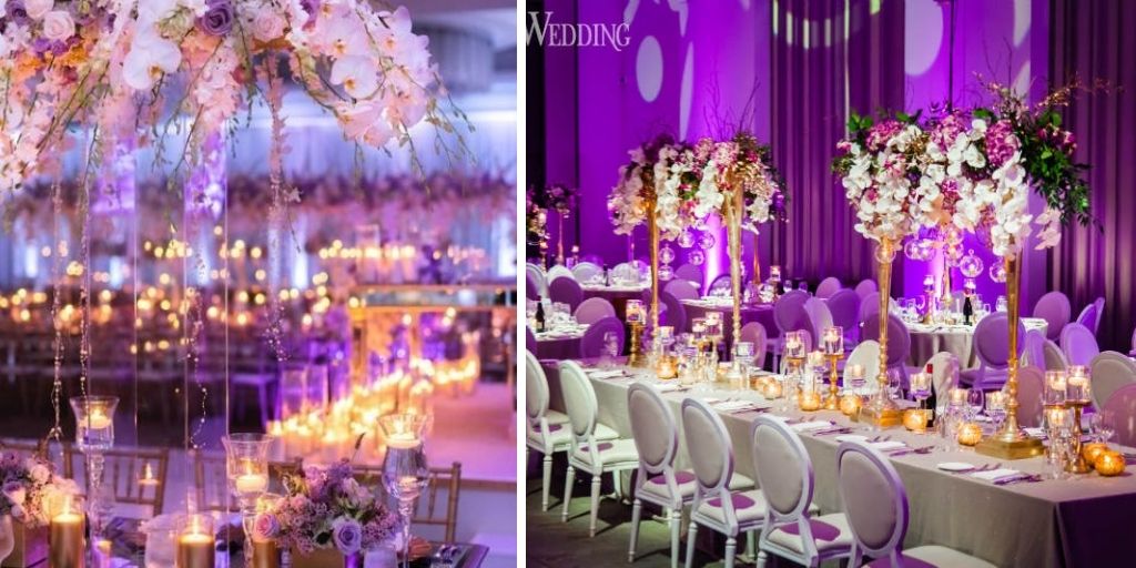 purple and gold wedding decor