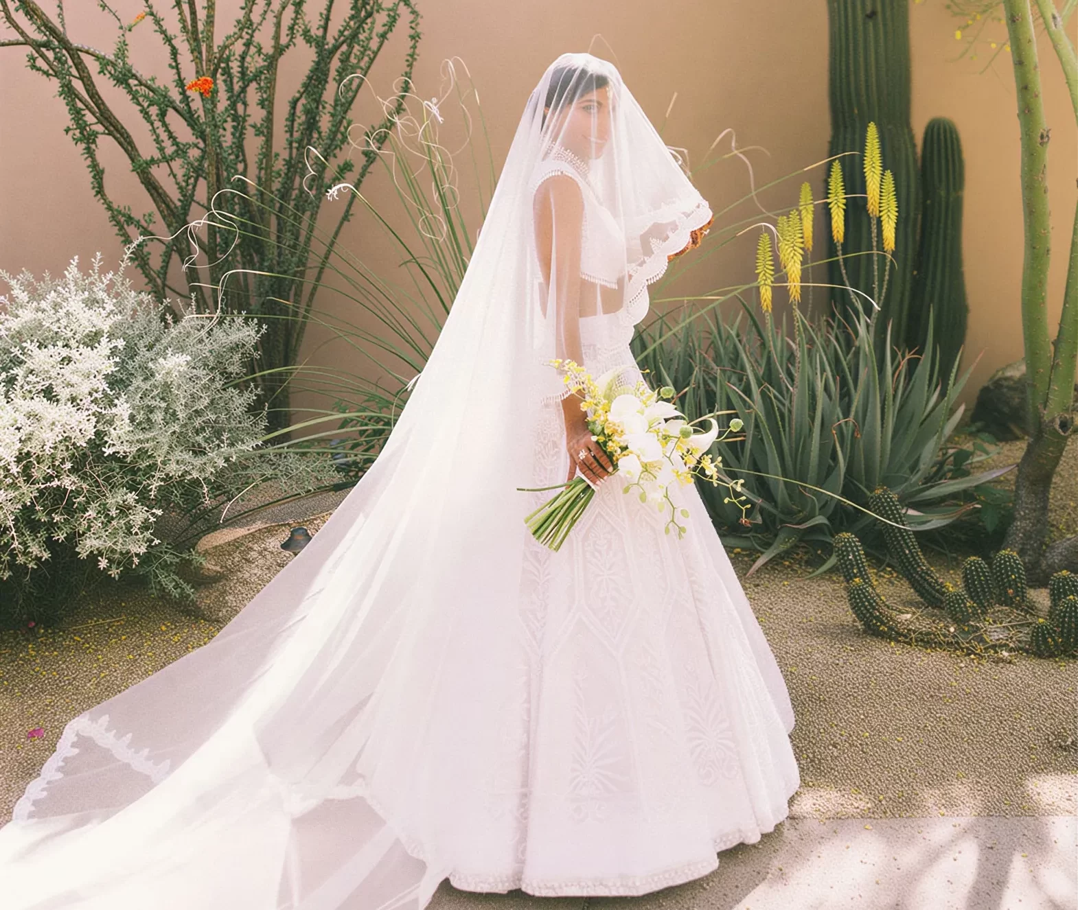 Modern bride wearing an elegant white wedding gown with a long veil and bouquet styled for luxury bridal styling