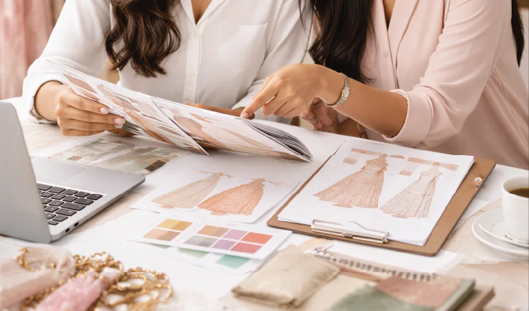 Bridal styling visual planning with wedding outfit sketches and colour palette selection