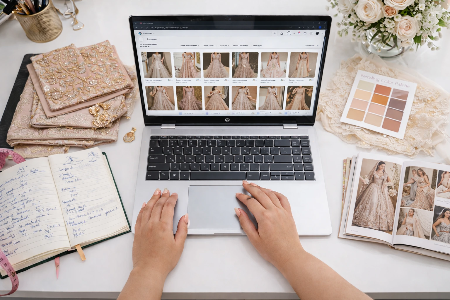 Wedding wardrobe planning setup with bridal outfit inspiration, colour palette cards, and a laptop used for styling research.