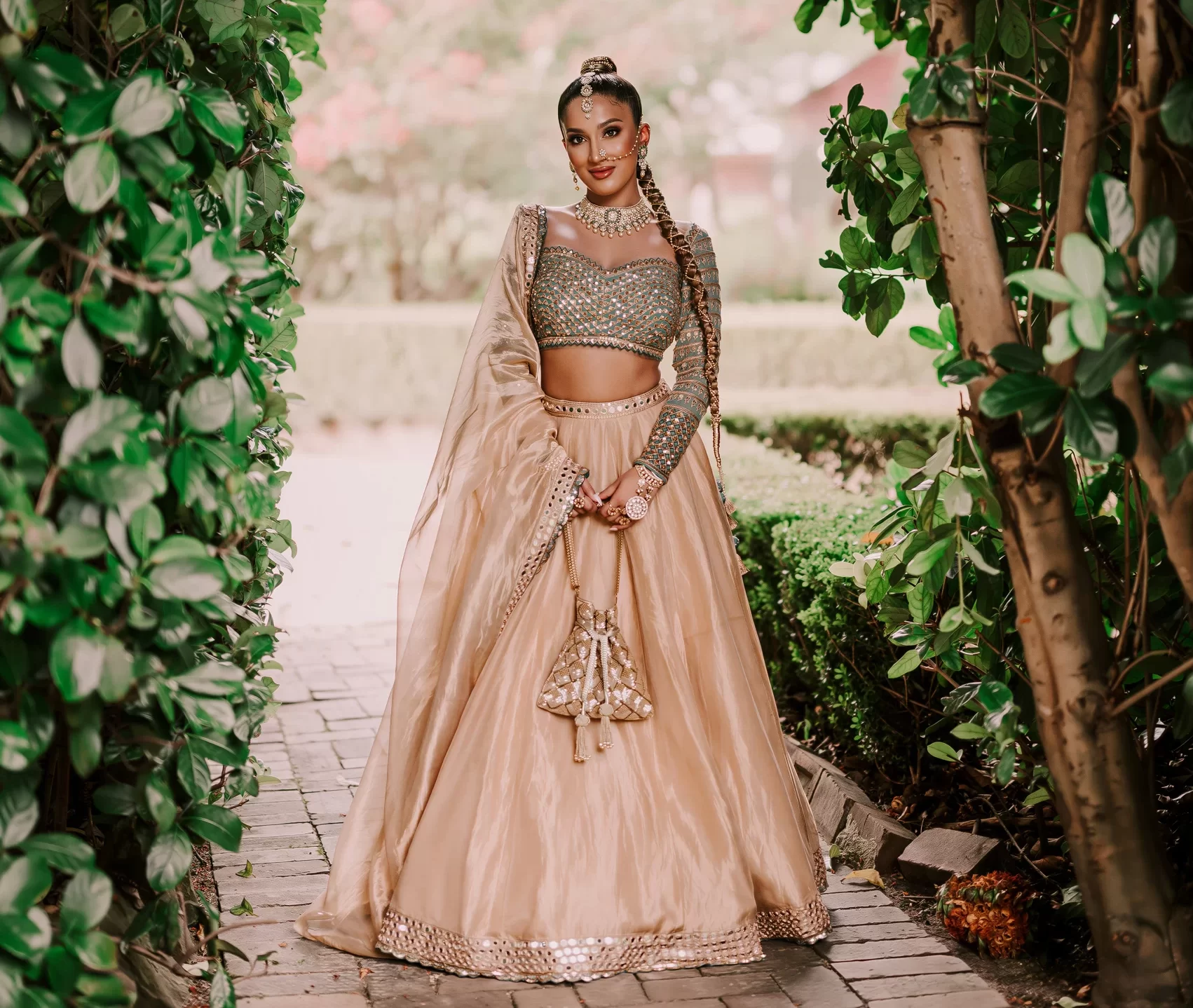 Samiha wearing styled sangeet outfit with bridal jewellery for sangeet function styling