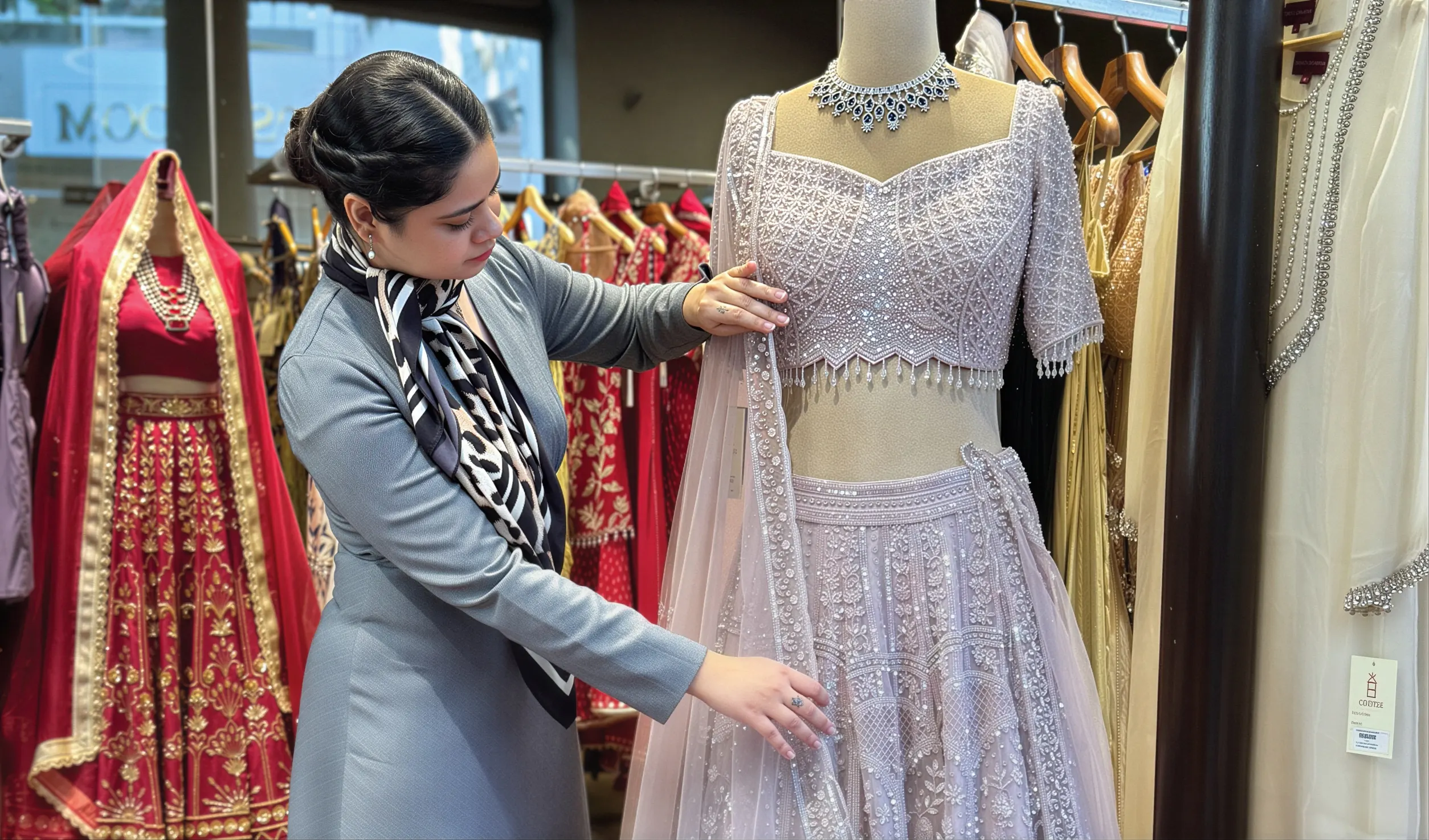 Stylist inspecting embroidered bridal lehenga during wedding outfit quality assessment
