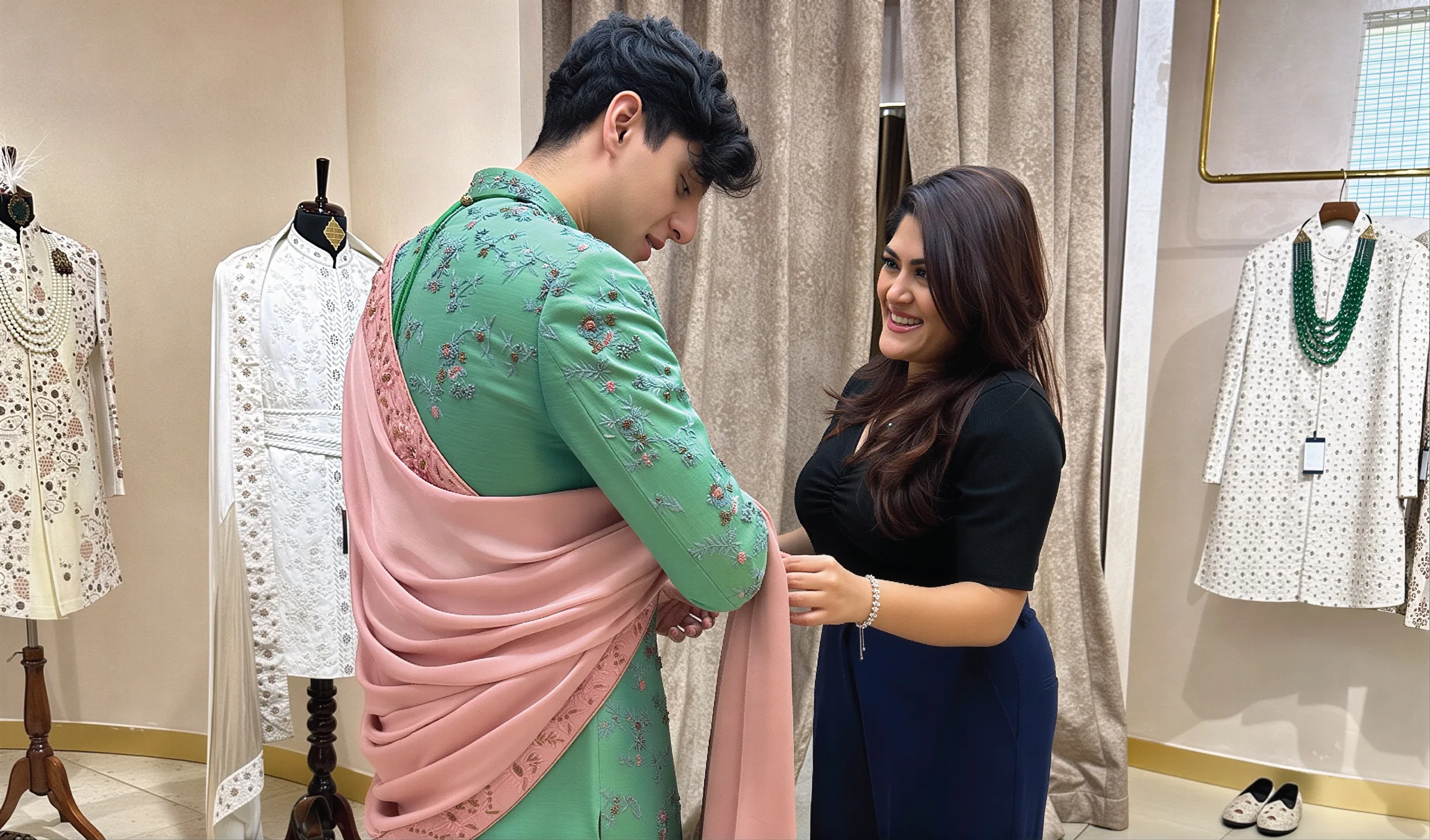 Stylist assisting groom with wedding outfit during groom styling visual planning