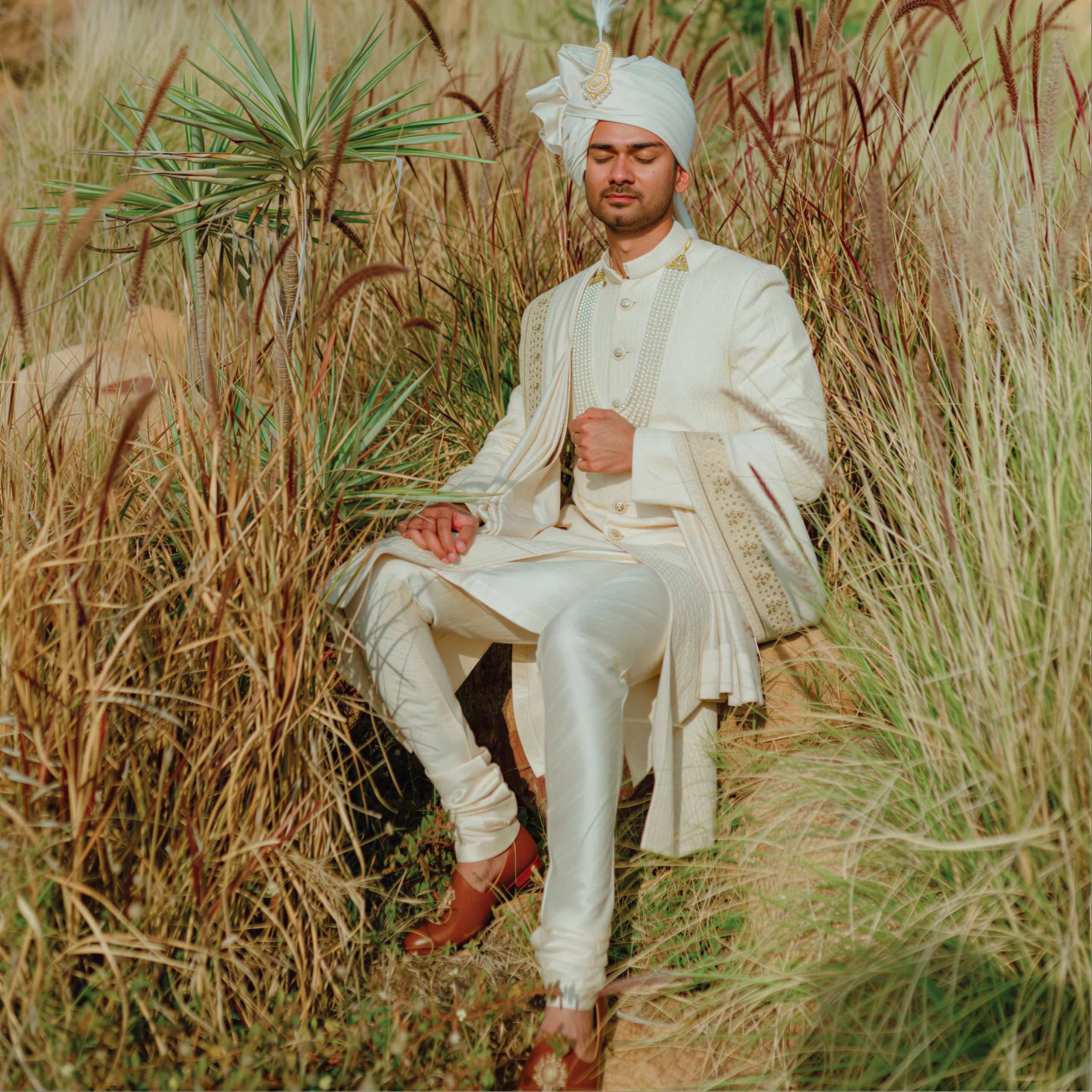 Lokesh wearing ivory sherwani styled for luxury groom styling services