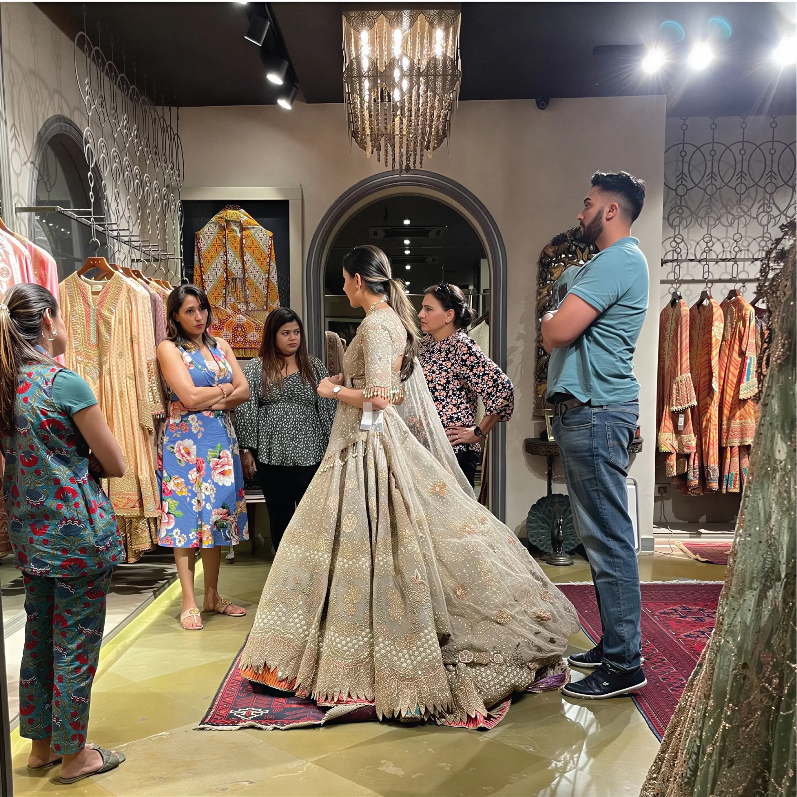 Bride trying a designer bridal lehenga with a stylist during a personal shopping session in New Delhi