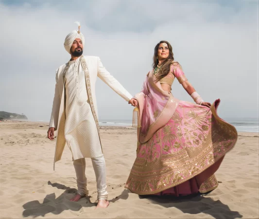 Bride in pink bridal lehenga and groom in ivory sherwani styled for coordinated wedding styling on beach