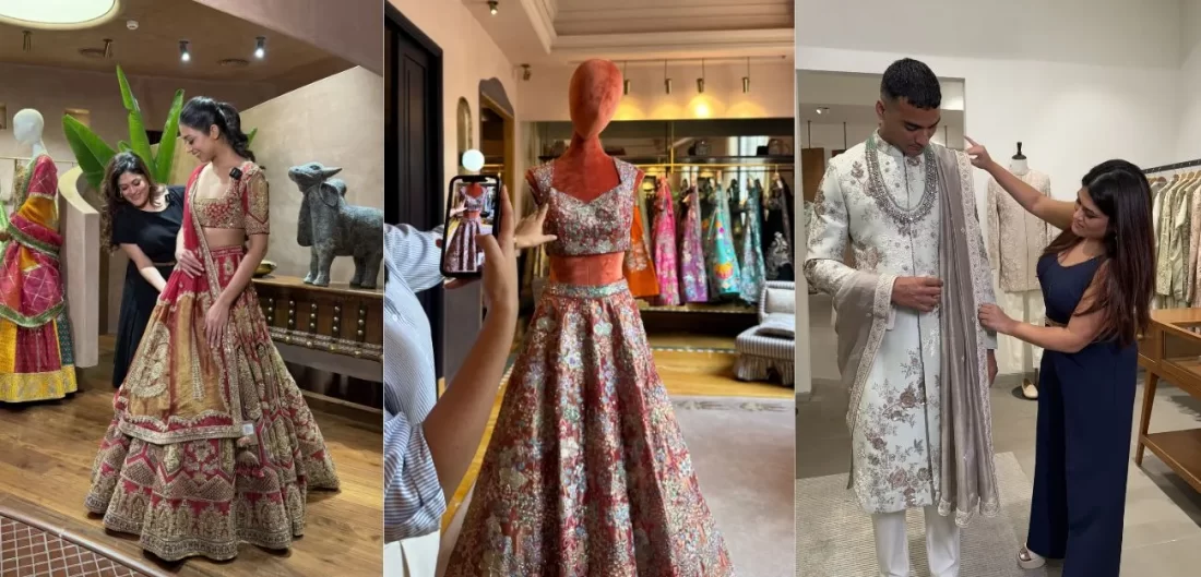 bride and groom taking outfit recommendations from the stylist