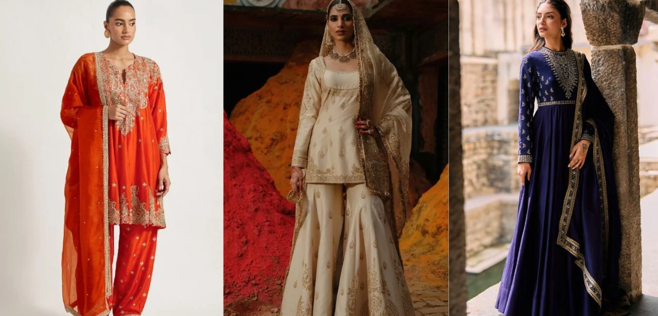 bride wearing Anarkali suits for a roka ceremony