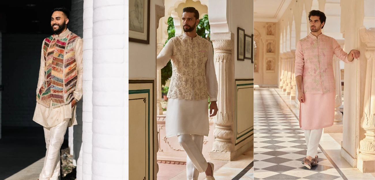groom wearing Nehru jackets for the roka