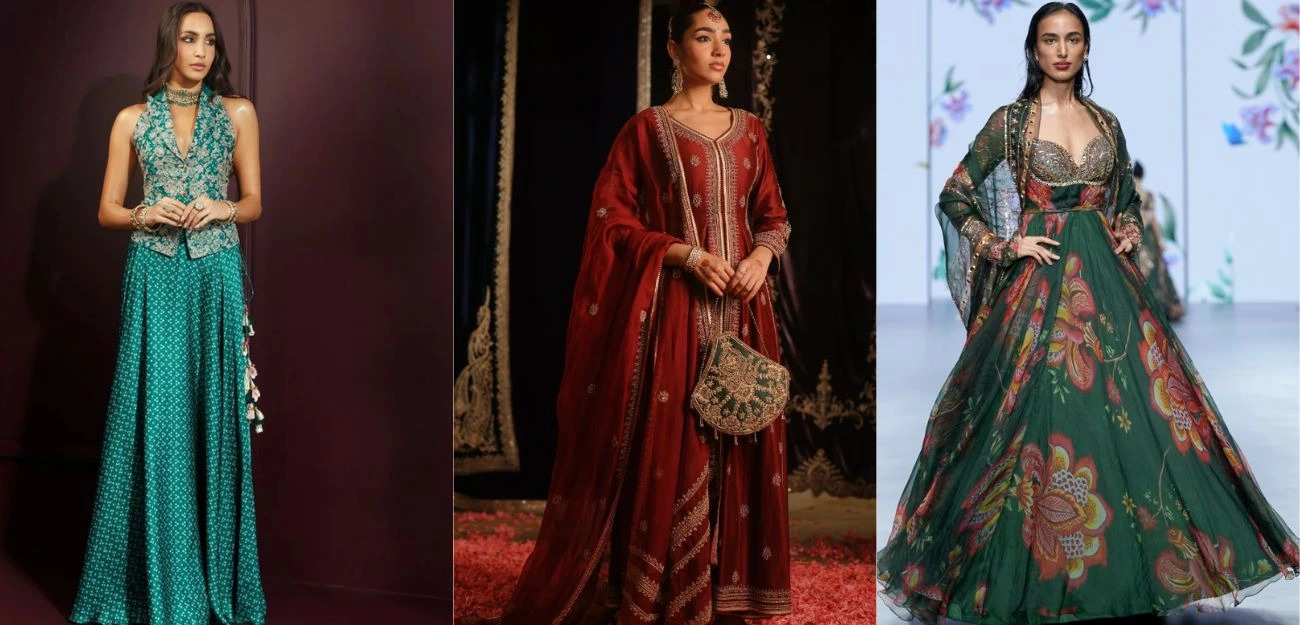 bride wearing outfits for different seasons for a roka ceremony