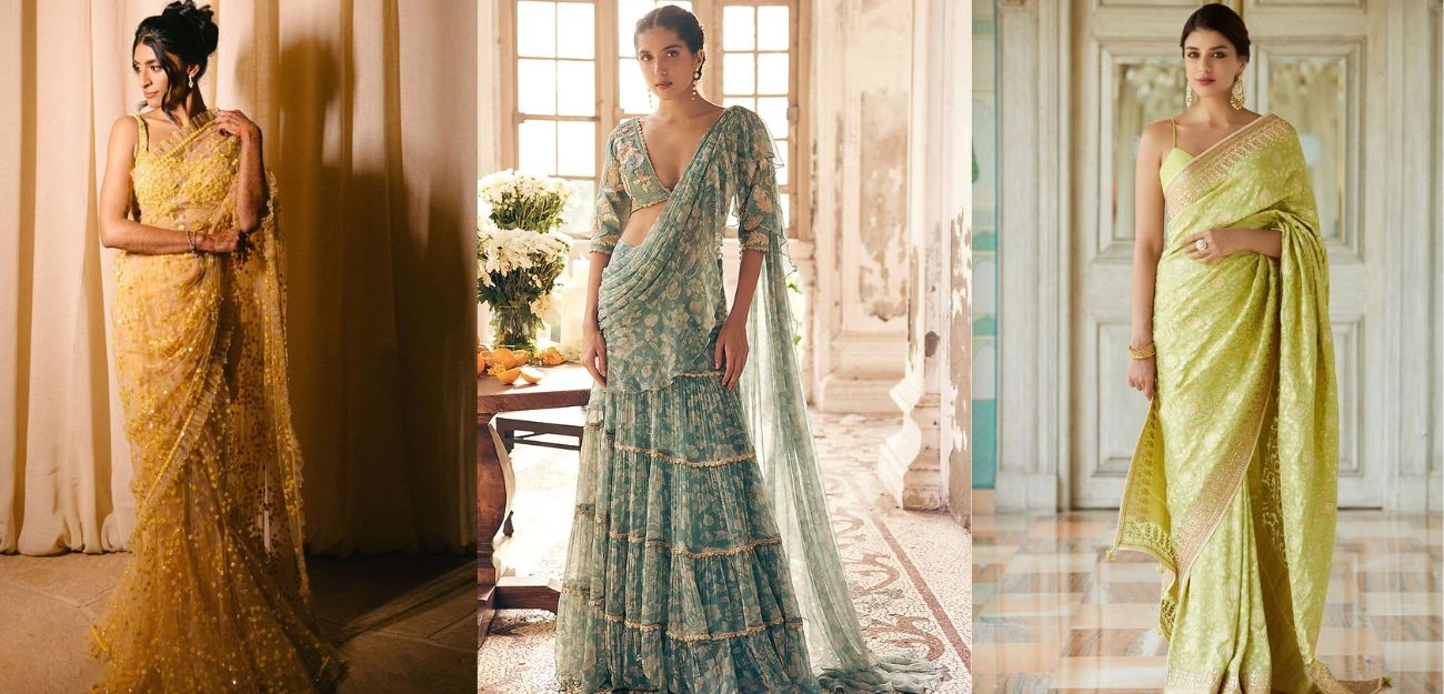 bride wearing sarees for the roka ceremony