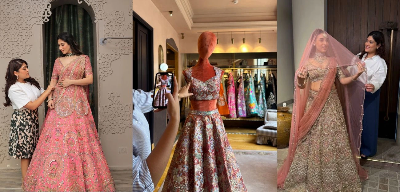brides trying on different outfits through in- person and virtual consultation