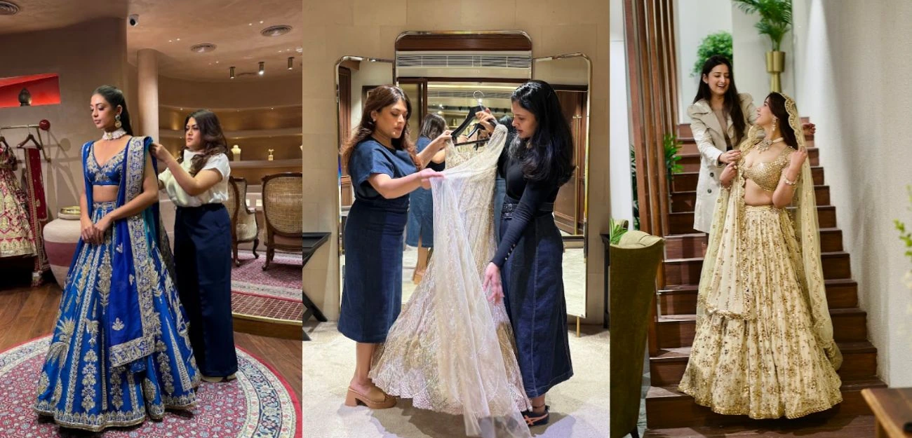 Brides trying on different outfits at a consultation