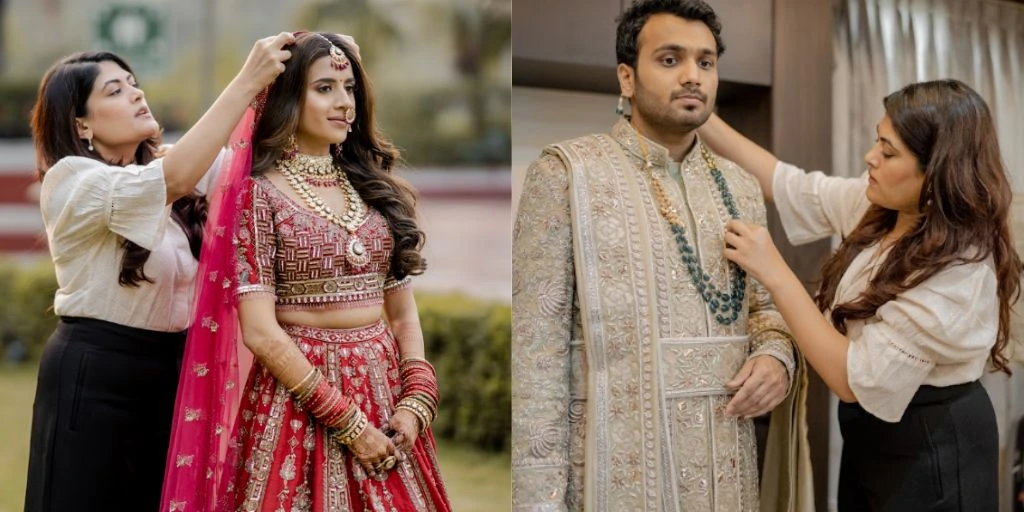 Bride and groom styled in wedding outfits