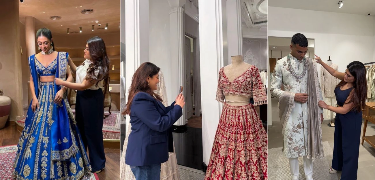 bride and groom consulting a stylist during a bridal appointment.